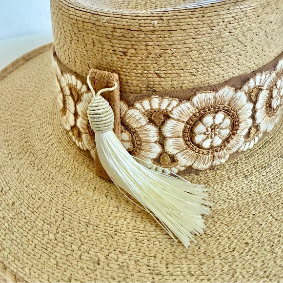 Tan Straw Boater Brim Hat with Floral Band and Tassel - Picture 11 of 11